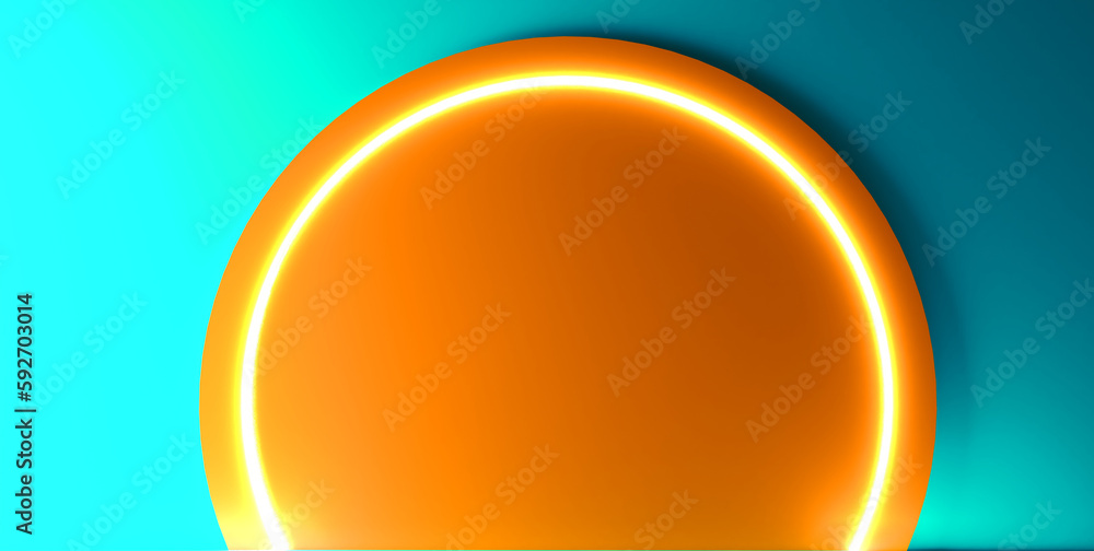 Poster glowing semicircle neon backdrop. technology futuristic scene. sci-fi platform concept. modern vecto