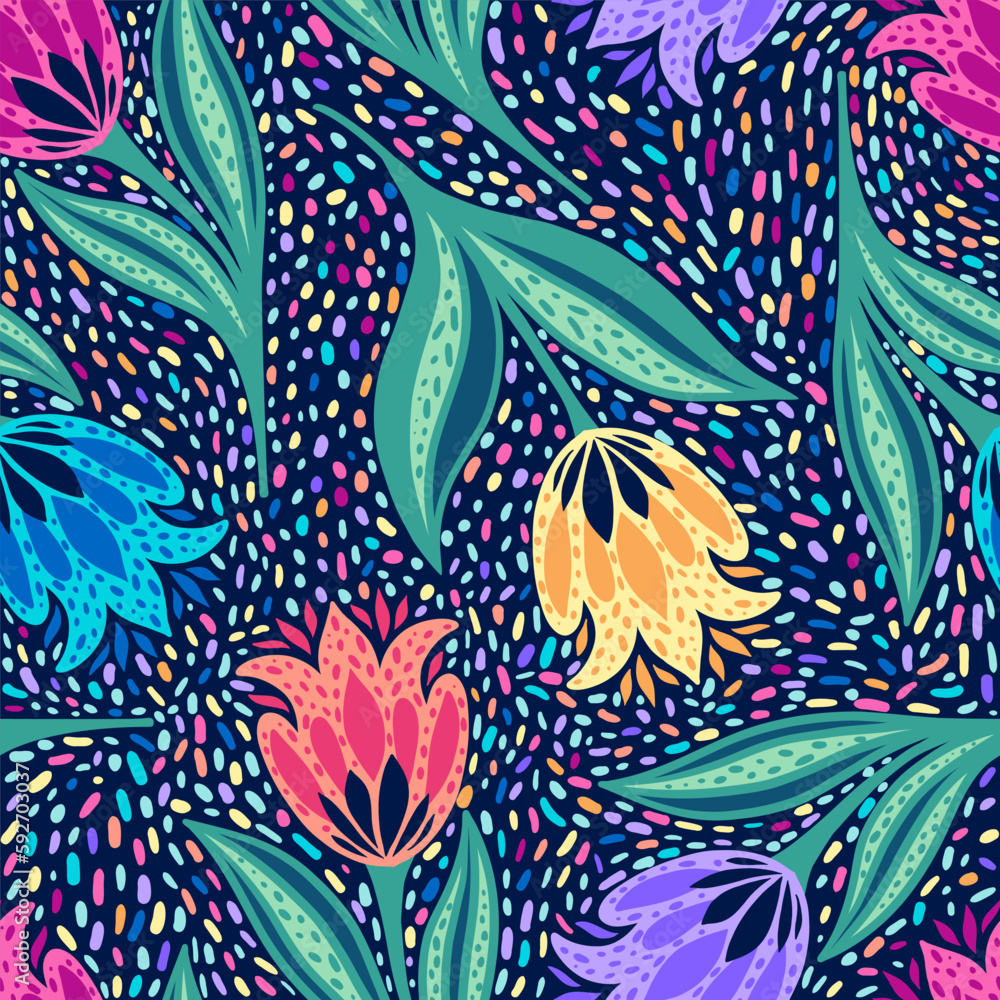 Wall mural Seamless pattern with bright tulips. With this pattern you can make any clothes, wallpapers and other things.  