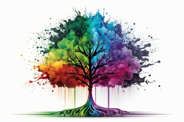 A tree painted with a rainbow on a white background