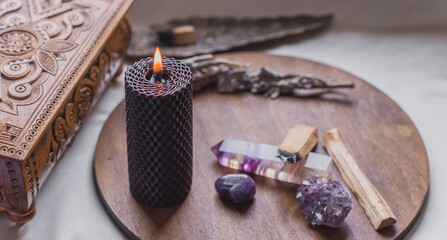 Energy healing, reiki session or chakra rite with candles, wicca magic, new world, alternative medicine