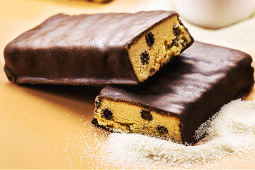 protein bar with sugar-free chocolate and spoonful of casey, whey or creatine in the background. Athletes' food supplementation, macrophotography