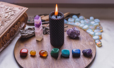 Energy healing, reiki session or chakra rite with candles, wicca magic, new world, alternative...