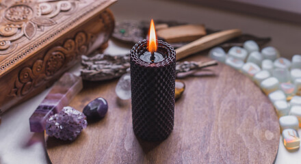 Energy healing, reiki session or chakra rite with candles, wicca magic, new world, alternative medicine