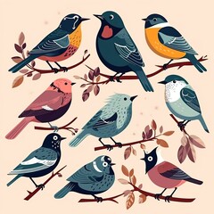 Different kind of watercolor birds illustration. Generative AI