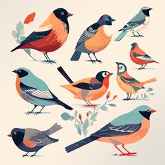 Fototapeta premium Different kind of watercolor birds illustration. Generative AI