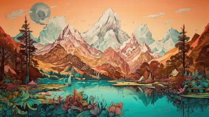 Wall murals Deep brown Colored illustration of a natural landscape mountains and a lake in the summer. Generative AI.