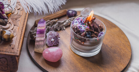 Energy healing, reiki session or chakra rite with candles, wicca magic, new world, alternative...