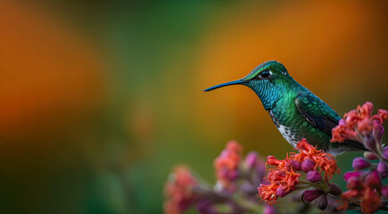 Fototapeta premium Humming bird hovering over colorful, pollen filled flowers. Generative AI