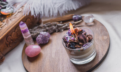 Energy healing, reiki session or chakra rite with candles, wicca magic, new world, alternative...