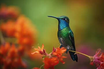 Fototapeta premium Humming bird hovering over colorful, pollen filled flowers. Generative AI