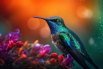 Humming bird hovering over colorful, pollen filled flowers. Generative AI