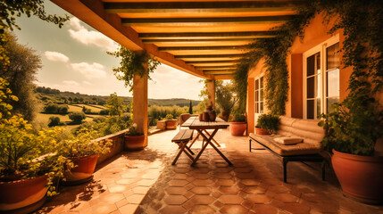 An exquisite image of a sunlit terrace at a secluded villa, providing an inviting space for relaxation and enjoyment of the stunning views