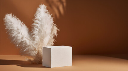 White concrete product display podium with white pampas grass against wall background with natural lighting. Cosmetics or beauty product promotion mockup with copy space. Generative AI