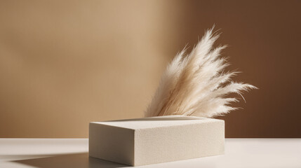 White concrete product display podium with white pampas grass against wall background with natural lighting. Cosmetics or beauty product promotion mockup with copy space. Generative AI