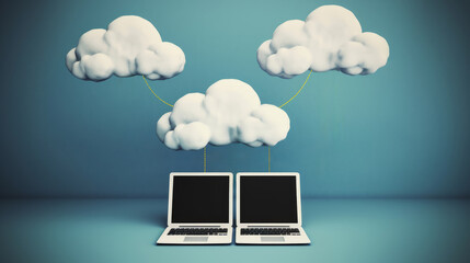 Cloud Computing Laptops Connected to Cloud on Blue Background, AI Generative