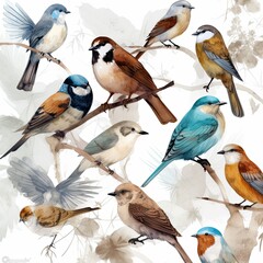 Fototapeta premium Different kind of watercolor birds illustration. Generative AI