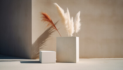 White concrete product display podium with white pampas grass against wall background with natural lighting. Cosmetics or beauty product promotion mockup with copy space. Generative AI