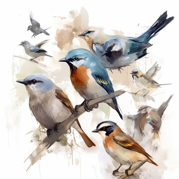 Different kind of watercolor birds illustration. Generative AI