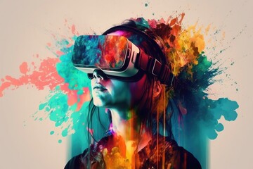 Young creative woman using innovative digital tech of virtual reality headset for fun. distinct generative AI image.