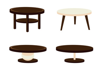 Vector set of round coffee tables in simple flat style. Furniture for home and office interiors.