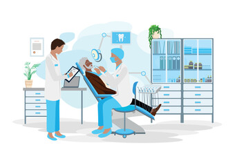 An elderly man at a dentist's appointment in a dental office. Dentistry. Treatment, prosthetics, prevention, professional cleaning and whitening of teeth. Vector illustration in a simple style.