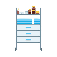 Medical trolley with ampoule, vials and medical supplies. Medical furniture. Vector illustration isolated on white background.
