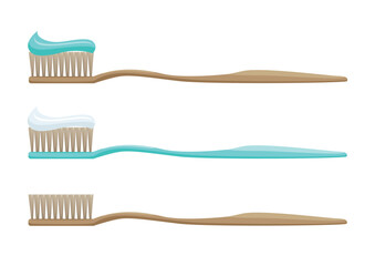 Set of natural bristle toothbrushes and toothpaste in simple flat style. Hygiene and oral care. Dentistry. Vector illustration isolated on white background.