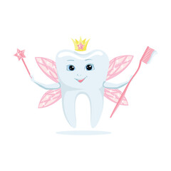 Tooth fairy in a caron and with a magic platter. The tooth fairy holds a cheerful tooth in her hands. Healthy teeth. Cute fairy tale character. Vector illustration.