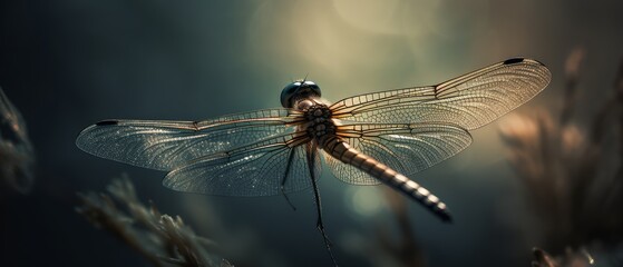 Close-up view of the delicate and intricate textures on the wings of a dragonfly. Generative AI