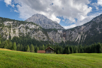 Fototapeta na wymiar Log cabin in the Mieming Range, State of Tyrol, Austria.