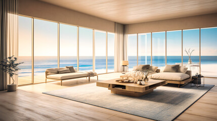 A chic image of a contemporary summer villa, offering an elegant and serene sanctuary by the sea
