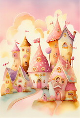 whimsical candy village filled with adorable small houses, pink castles, AI generative.