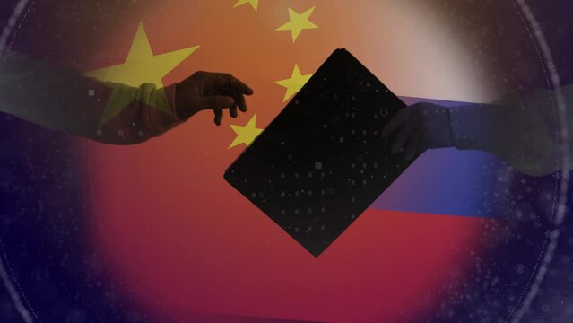 Against the background of the merger of the flag of China and Russia, a female hand passes a folder with information to a male hand. Partnership and politics. Cg