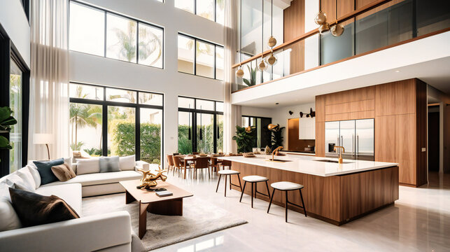 An elegant image of a modern villa's interior, highlighting its spacious, open-concept design and seamless connection to nature