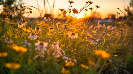 A serene and tranquil scene of wildflowers swaying gracefully in the golden hour breeze