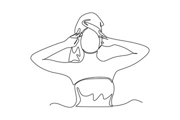 Single one line drawing happy woman using towel on her head. Bathroom activities concept. Continuous line draw design graphic vector illustration.