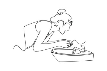 Single one line drawing happy woman washing her face with water. Bathroom activities concept. Continuous line draw design graphic vector illustration.