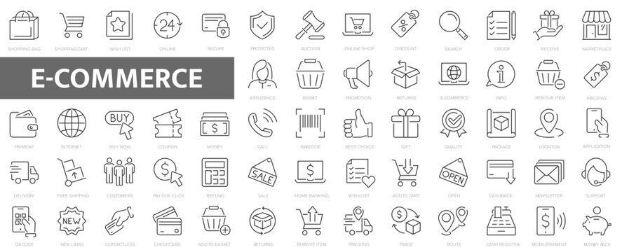 E-Commerce line icons. 60 E-commerce, online shopping and delivery icon.