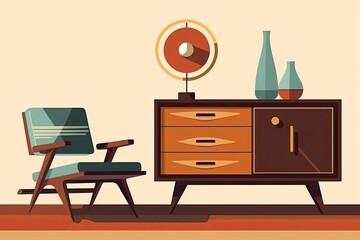 a dark-colored vintage chair next to a wooden cabinet with posters and a golden bowl. Generative AI