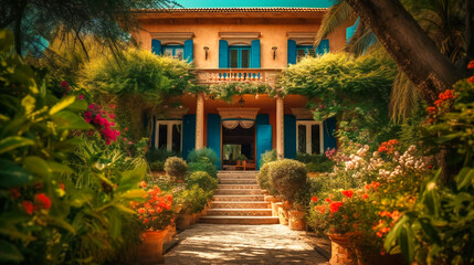 A stunning photograph of a beautiful summer villa nestled in a verdant oasis, offering a relaxing and inviting getaway