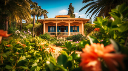 Fototapeta premium A stunning photograph of a beautiful summer villa nestled in a verdant oasis, offering a relaxing and inviting getaway