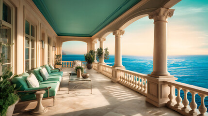 A remarkable image of a luxurious villa terrace, blending indoor and outdoor living with a stunning ocean backdrop
