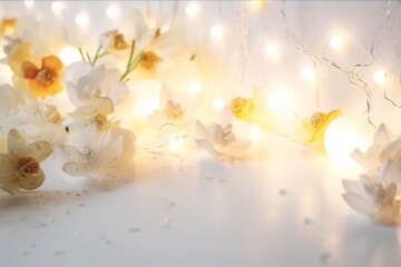 Lights decor festive with flowers on white background. AI generated