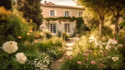 Fototapeta na wymiar A captivating image of a charming summer villa rental, enveloped by a secluded, beautifully landscaped garden