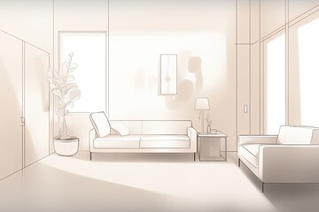 Couch in a plain, white living room. Scandinavian-inspired interior design. Generative AI