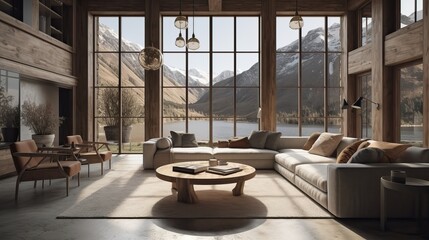 Vacation lake luxury mountain house living room rustic. Generative AI
