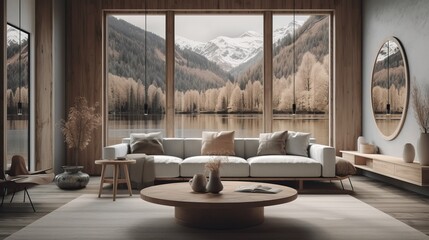 Vacation lake luxury mountain house living room rustic. Generative AI
