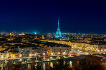 Fototapeta na wymiar High definition night panorama of Turin, illuminated by artist lights.