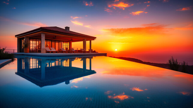 A mesmerizing image of a premium summer villa, highlighting the infinity pool and breathtaking ocean sunset view