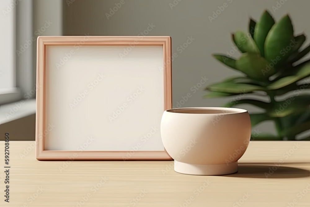 Poster a basic circular vase and picture frame are placed on a white desk. generative ai